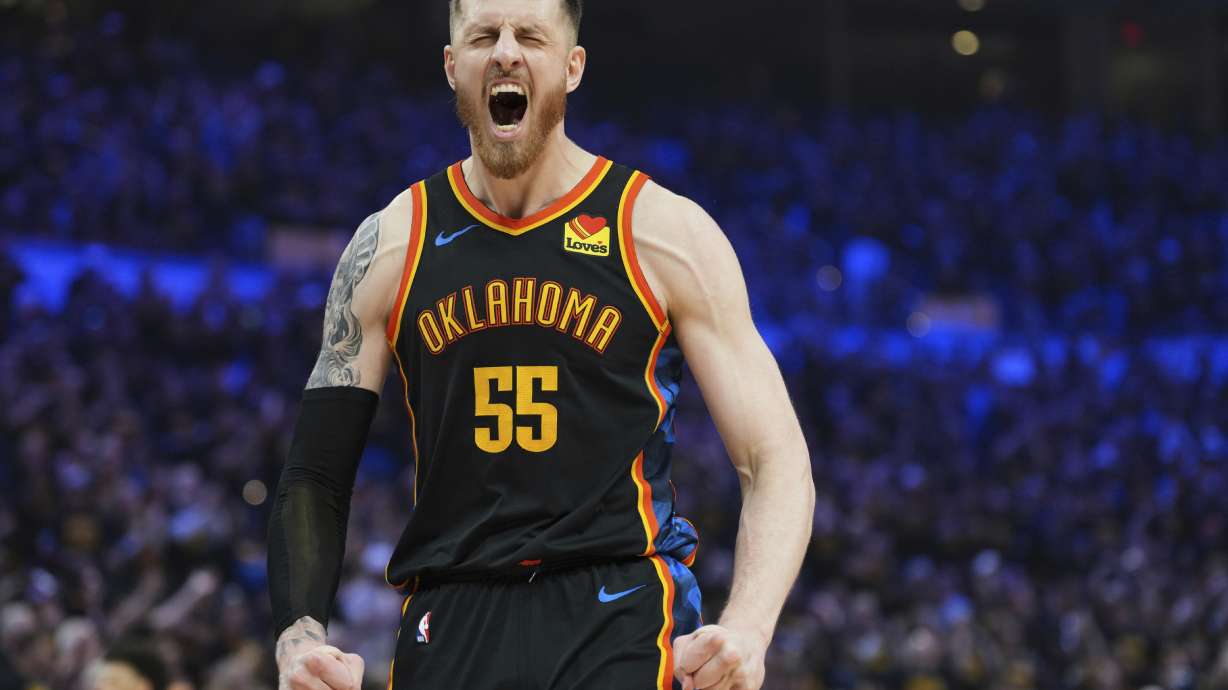 Oklahoma City Thunder's Isaiah Hartenstein (55) celebrates after a basket in the first half of Game 2 in the conference semifinals of the NBA basketball playoffs against the Denver Nuggets, Wednesday, May 7, 2025, in Oklahoma City.