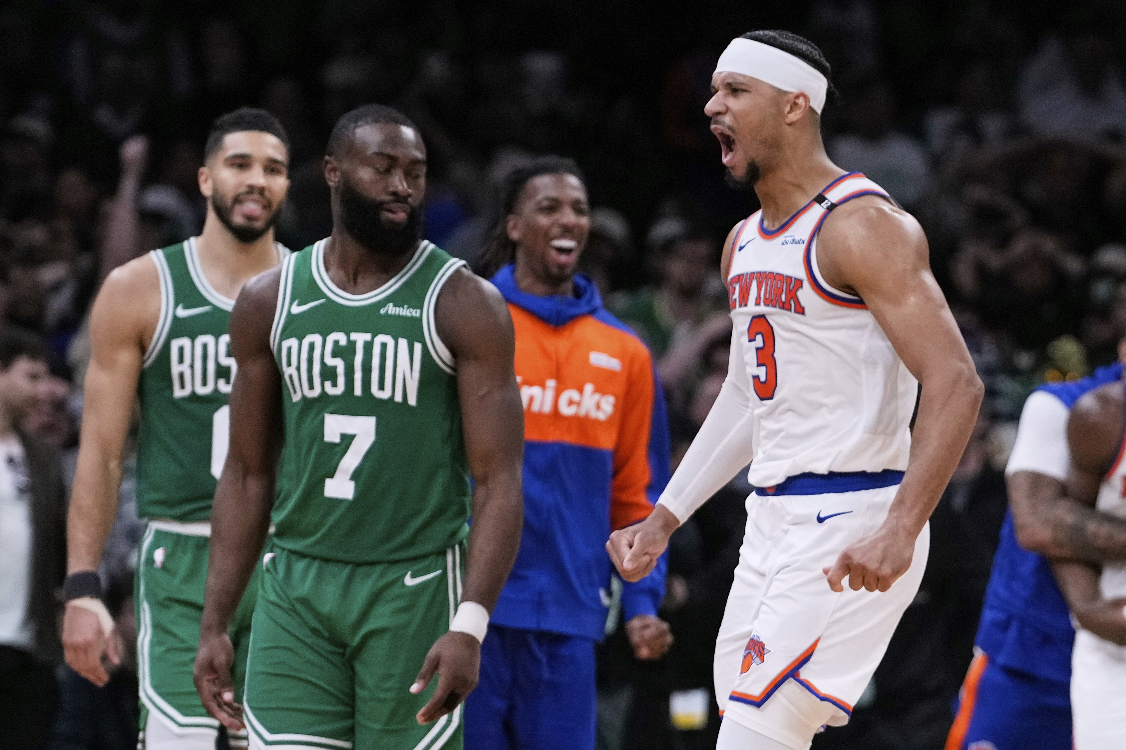 New York Knicks guard Josh Hart (3) celebrates after defeating the Boston Celtics in Game 2 of an NBA basketball second-round playoff series, Wednesday, May 7, 2025, in Boston. 