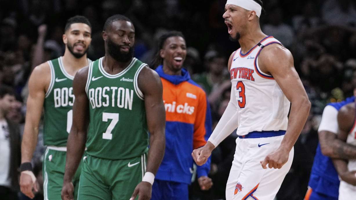 New York Knicks guard Josh Hart (3) celebrates after defeating the Boston Celtics in Game 2 of an NBA basketball second-round playoff series, Wednesday, May 7, 2025, in Boston.