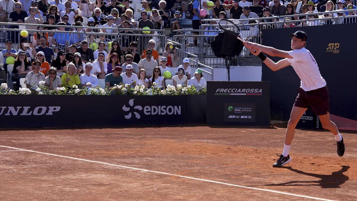 Italy's Jannik Sinner practices during a training session with Lorenzo Sonego at the Foro Italico in Rome, Italy, May 6, 2025