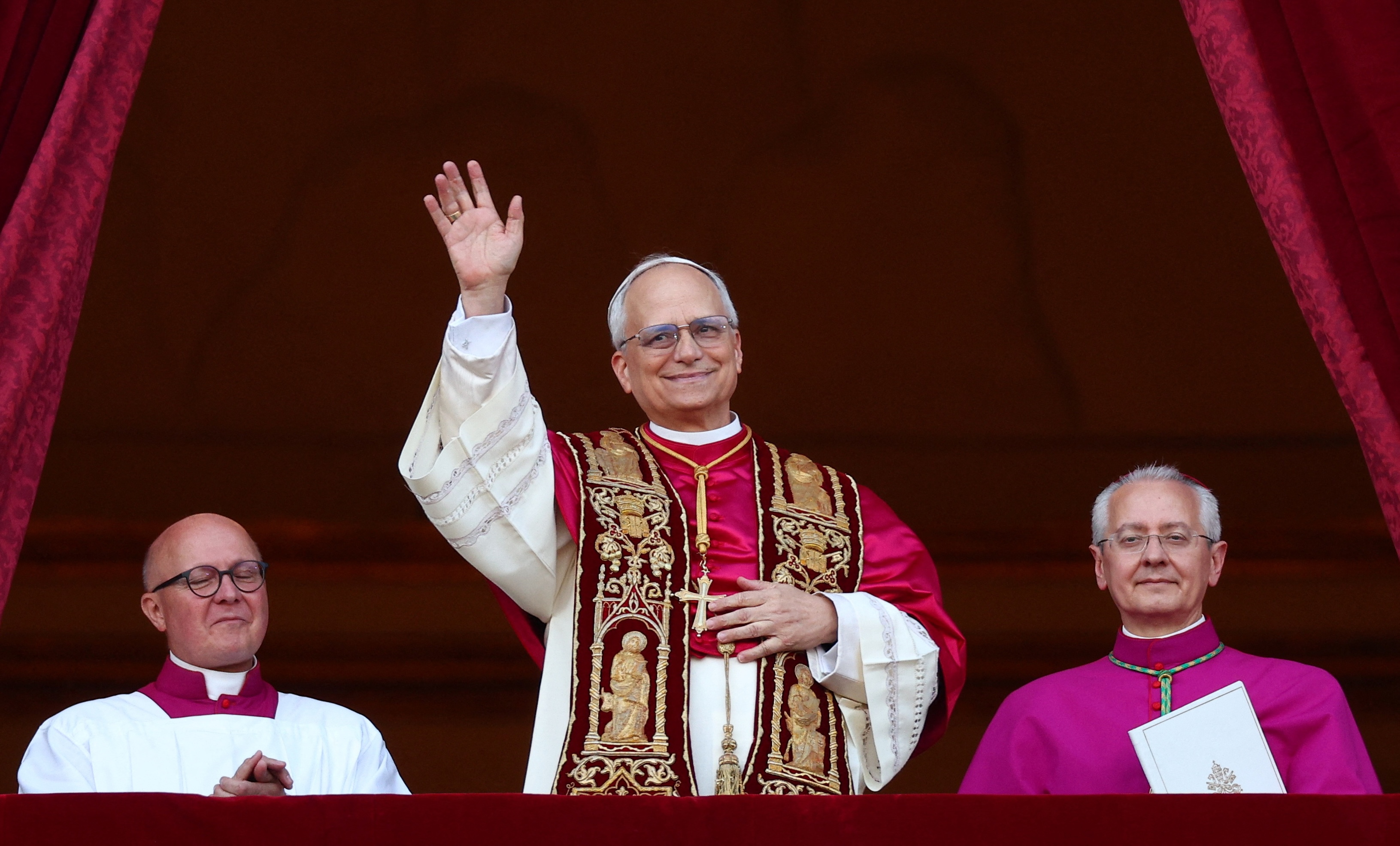 Newly elected Pope Leo XIV, Cardinal Robert Prevost of the United States, appears on the balcony of St. Peter's Basilica at the Vatican, Thursday.