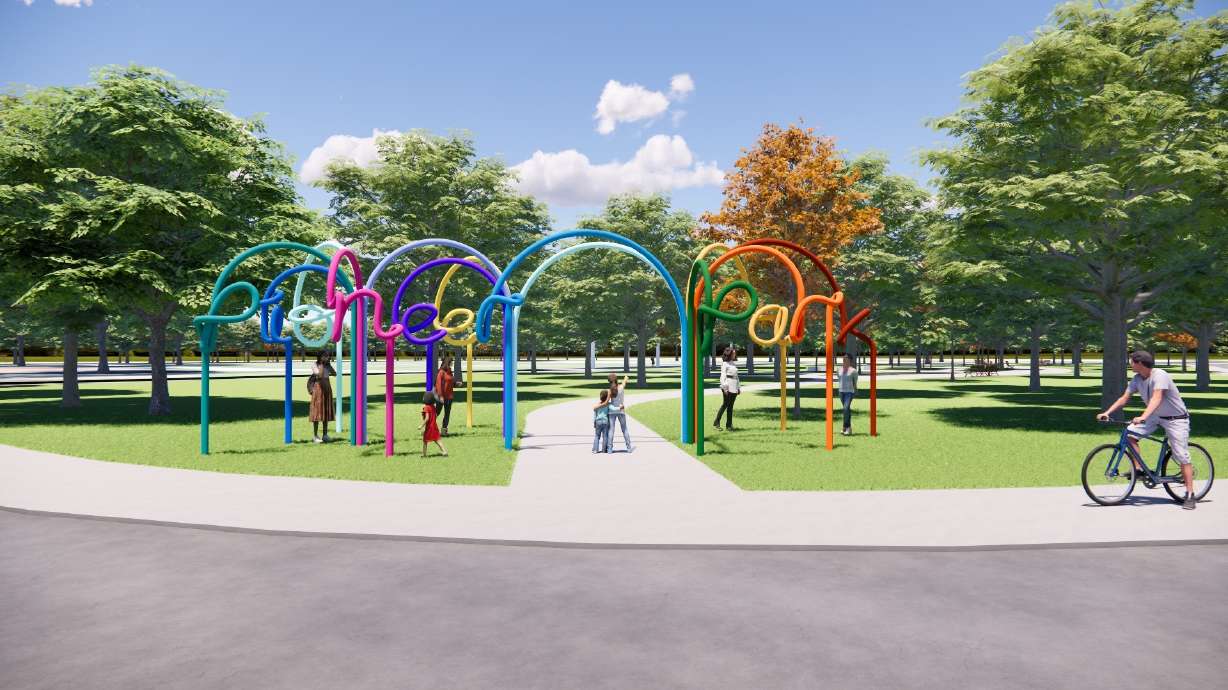 A rendering of "Common Roots," a public art sculpture planned for Pioneer Park in Salt Lake City. The piece, designed by California-based artists James Shen and Jennifer Tran, is expected to be installed in 2026.