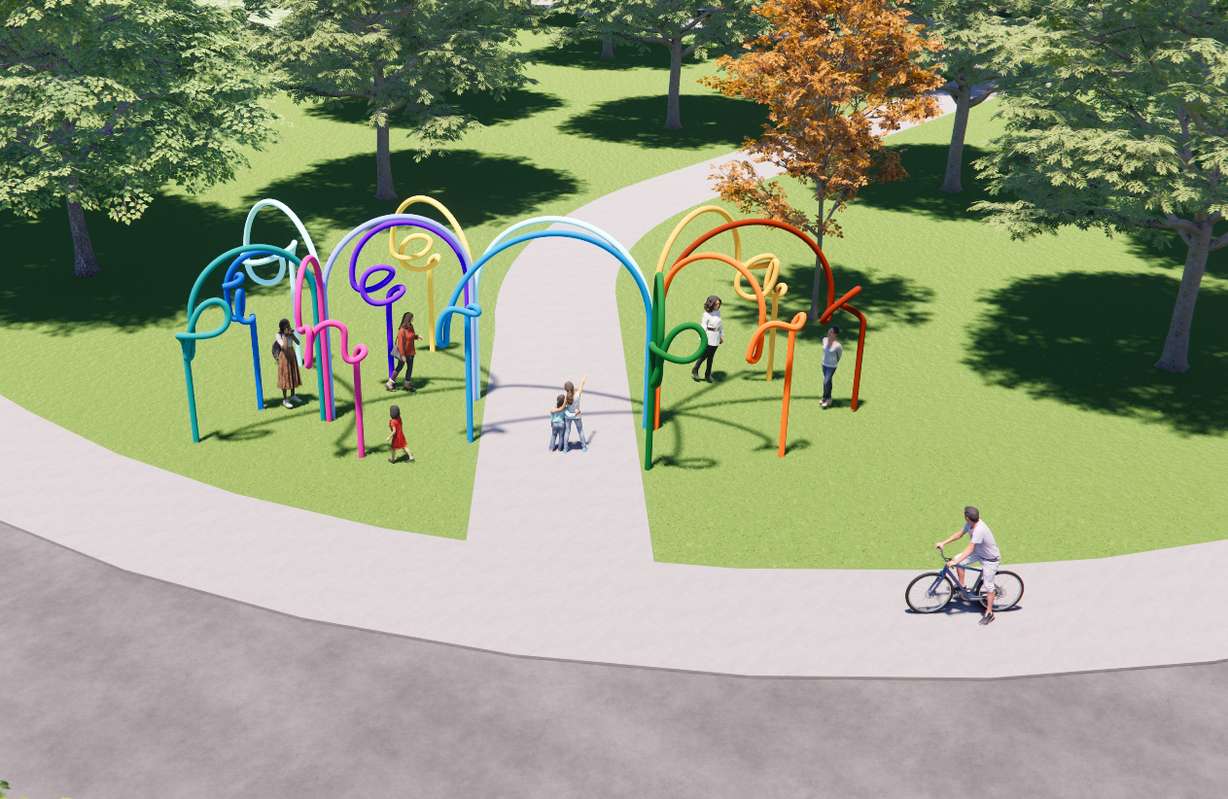 A rendering of "Common Roots," a public art sculpture planned for Pioneer Park in Salt Lake City. The piece, designed by California-based artists James Shen and Jennifer Tran, is expected to be installed in 2026.