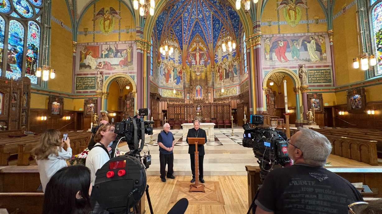 Bishop Oscar Solis speaks to the media at the Cathedral of the Madeleine in Salt Lake City following Thursday's election of a new pope at the Vatican.
