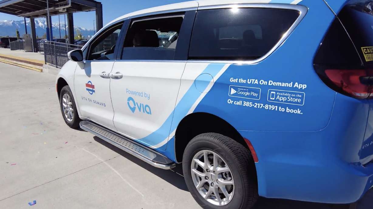 A UTA on Demand passenger van parked outside of Provo Airport in 2025. Utah Transit Authority is adding the service to most of northern Utah County beginning on Monday.
