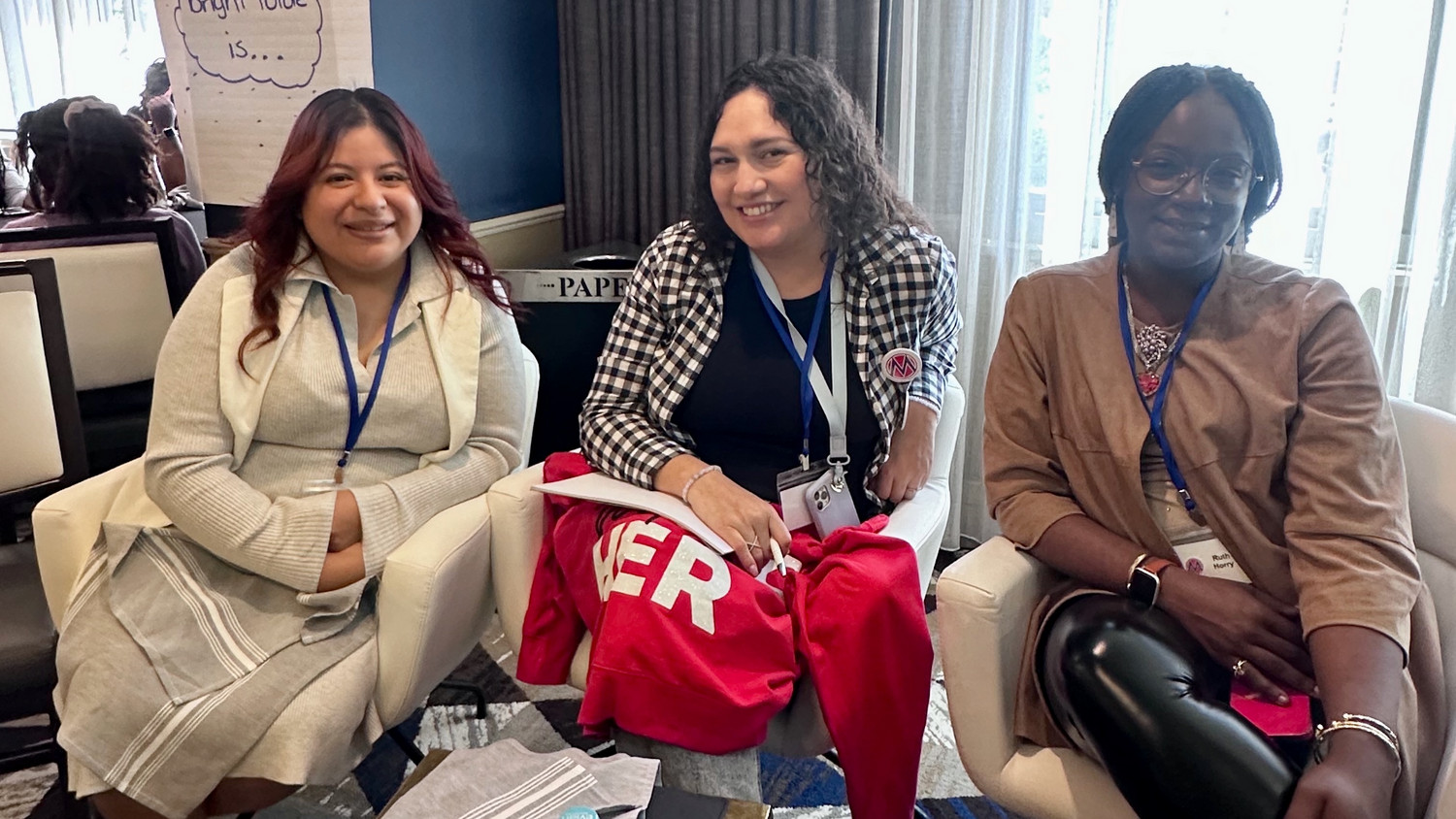 MomsRising volunteer Melanie Call of Sandy, center, sits with fellow group members Clara Vazquez of Washington state, left, and Ruth Horry of New Jersey in Washington, D.C., on Wednesday.