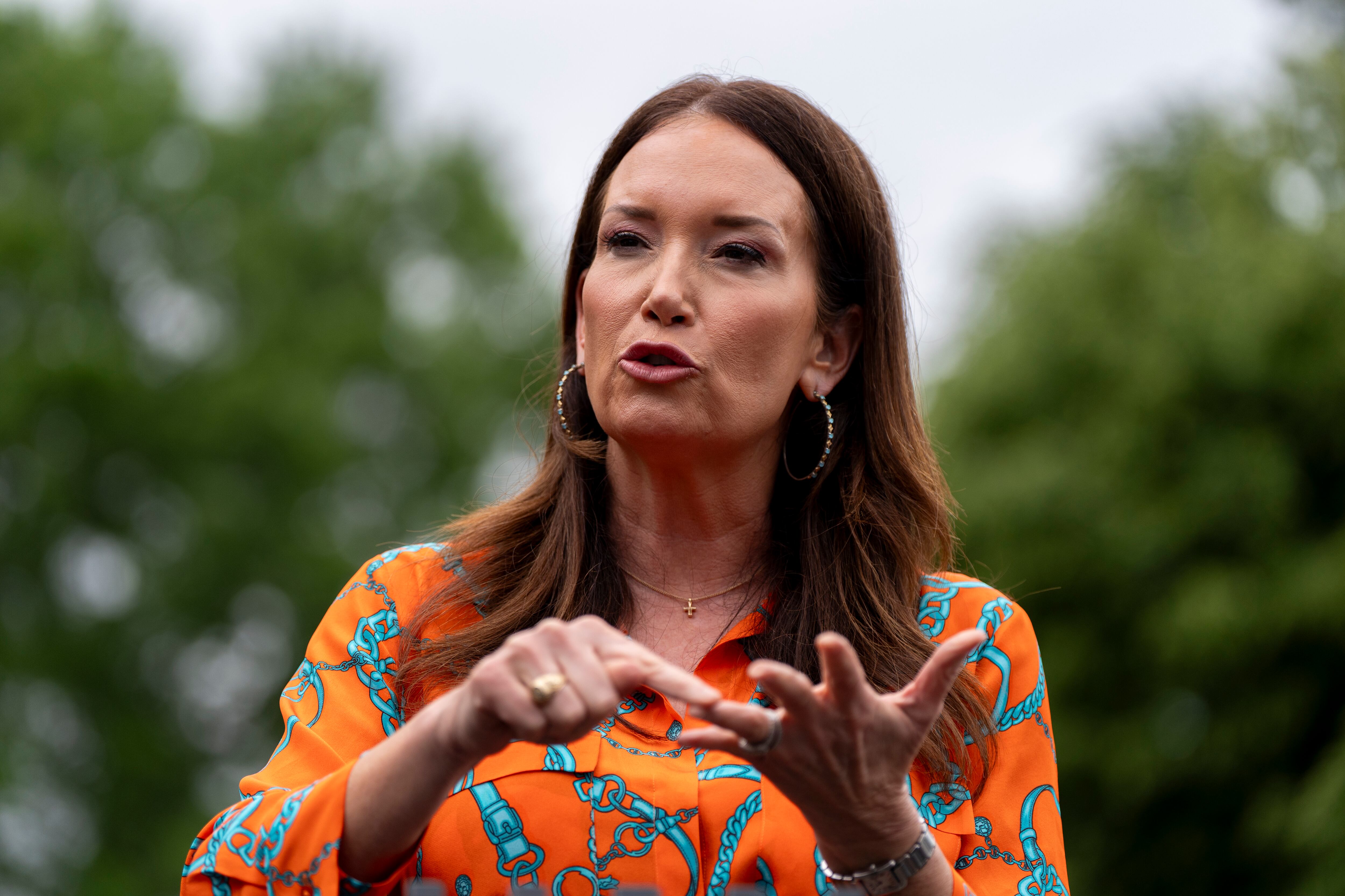 Agriculture Secretary Brooke Rollins speaks with reporters at the White House, Monday, in Washington.