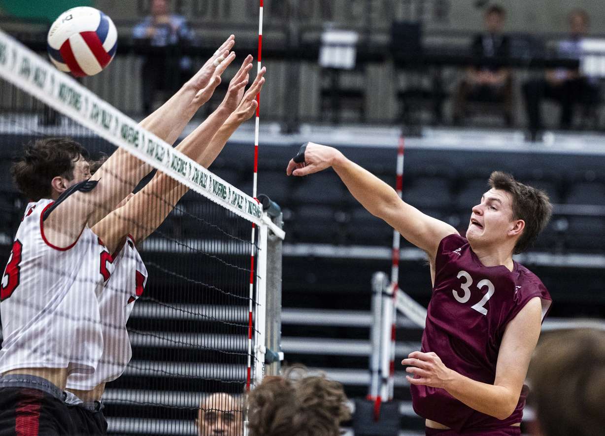 Morgan’s Jack Komenda (32) spikes the ball during the high school boys volleyball 3A state championship game between Grantsville and Morgan at the UCCU Center at UVU in Orem on Thursday, May 8, 2025.