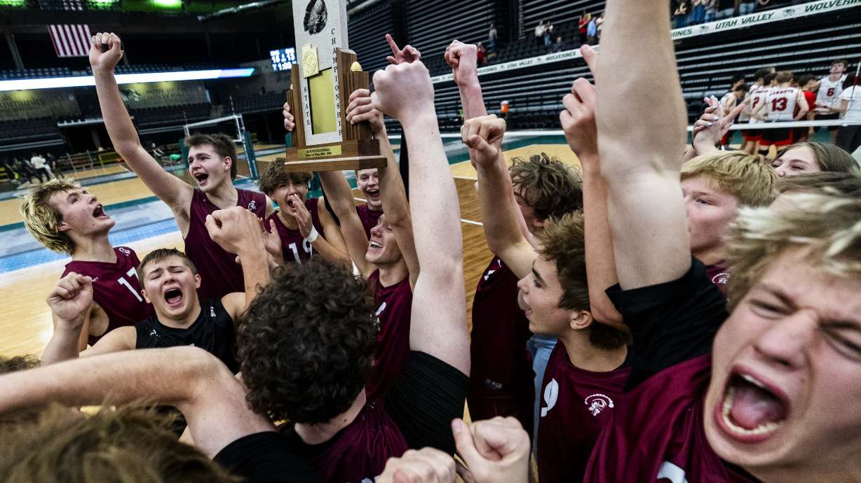 Morgan players celebrate their victory over Grantsville in the high school boys volleyball 3A state championship game at the UCCU Center at UVU in Orem on Thursday, May 8, 2025.