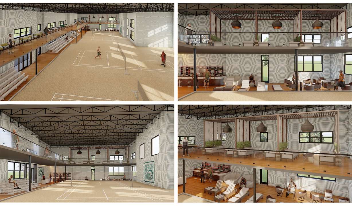 A compilation of 3D renderings of Beach Box, an indoor beach volleyball facility in Pleasant Grove.