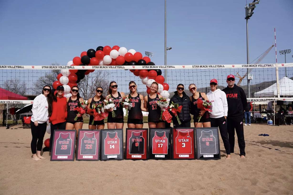 Utah beach volleyball seniors pose for a picture as part of senior day festivities on March 29, 2025, in Salt Lake City.