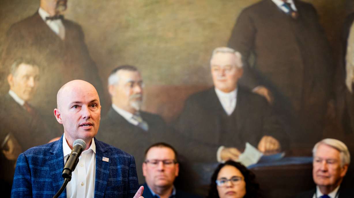 Gov. Spencer Cox speaks at the Capitol in Salt Lake City on May 9. Cox said government failures and dysfunction have led to falling trust in institutions during a speech in Washington Thursday.