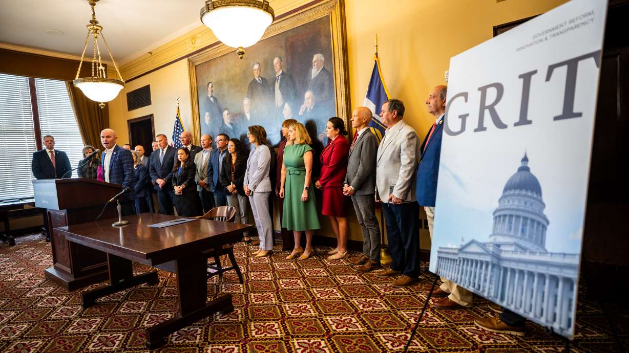 Gov. Spencer Cox highlights the state’s commitment to an efficient and results-oriented government and unveils the Government Reform, Innovation and Transparency initiative at the Capitol Friday.