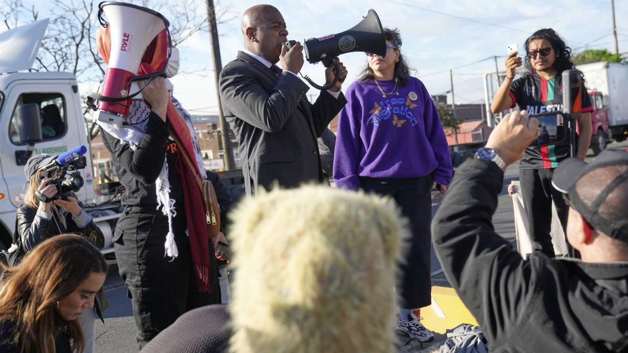 Newark Mayor Ras Baraka speaks to protesters outside of Delaney Hall, a recently reopened immigration detention center, on Wednesday. Baraka was arrested Friday for committing trespass and ignoring warnings to leave, a federal prosecutor said.