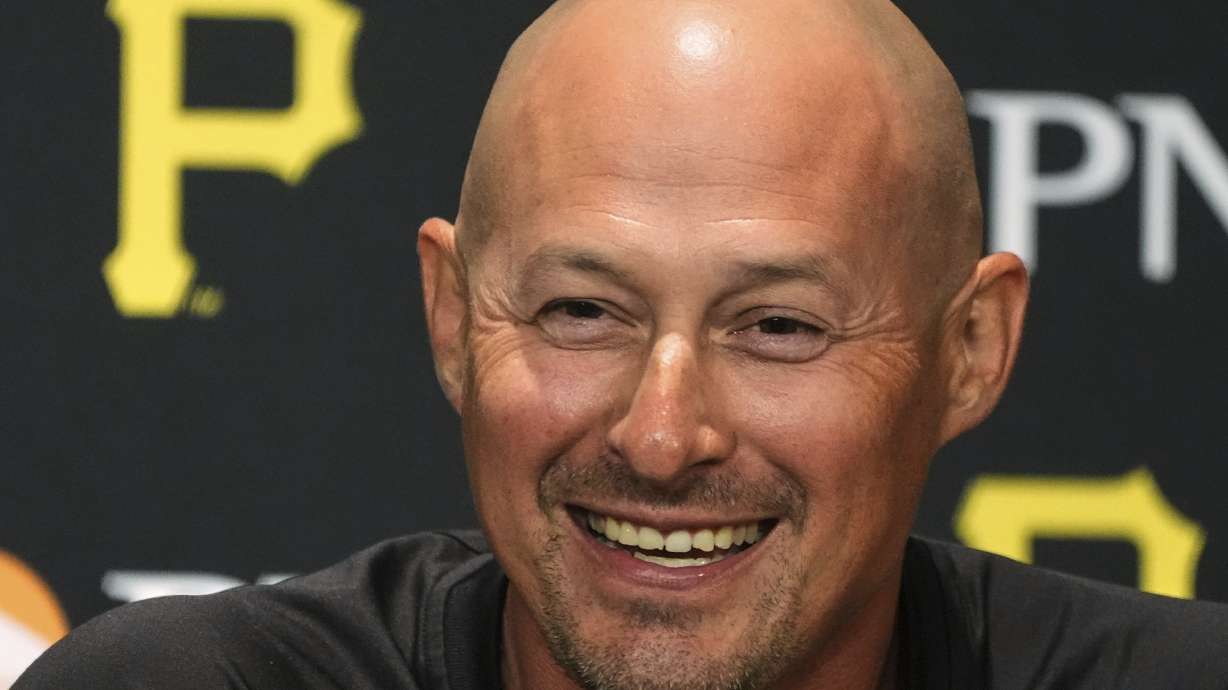 Don Kelly, the Pittsburgh Pirates new manager, talks with reporters before a baseball game against the Atlanta Braves in Pittsburgh, Friday, May 9, 2025.