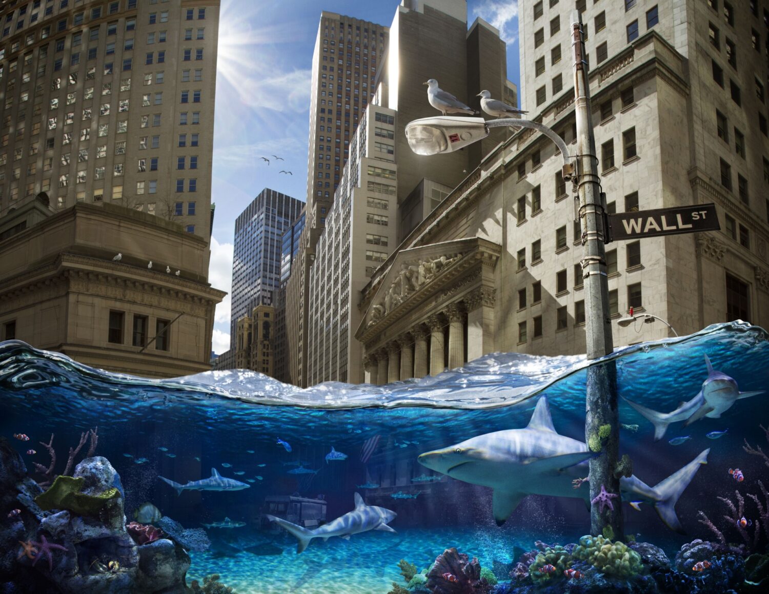 "Floating World" by Nick Pedersen imagines Wall Street after a sea level rise.