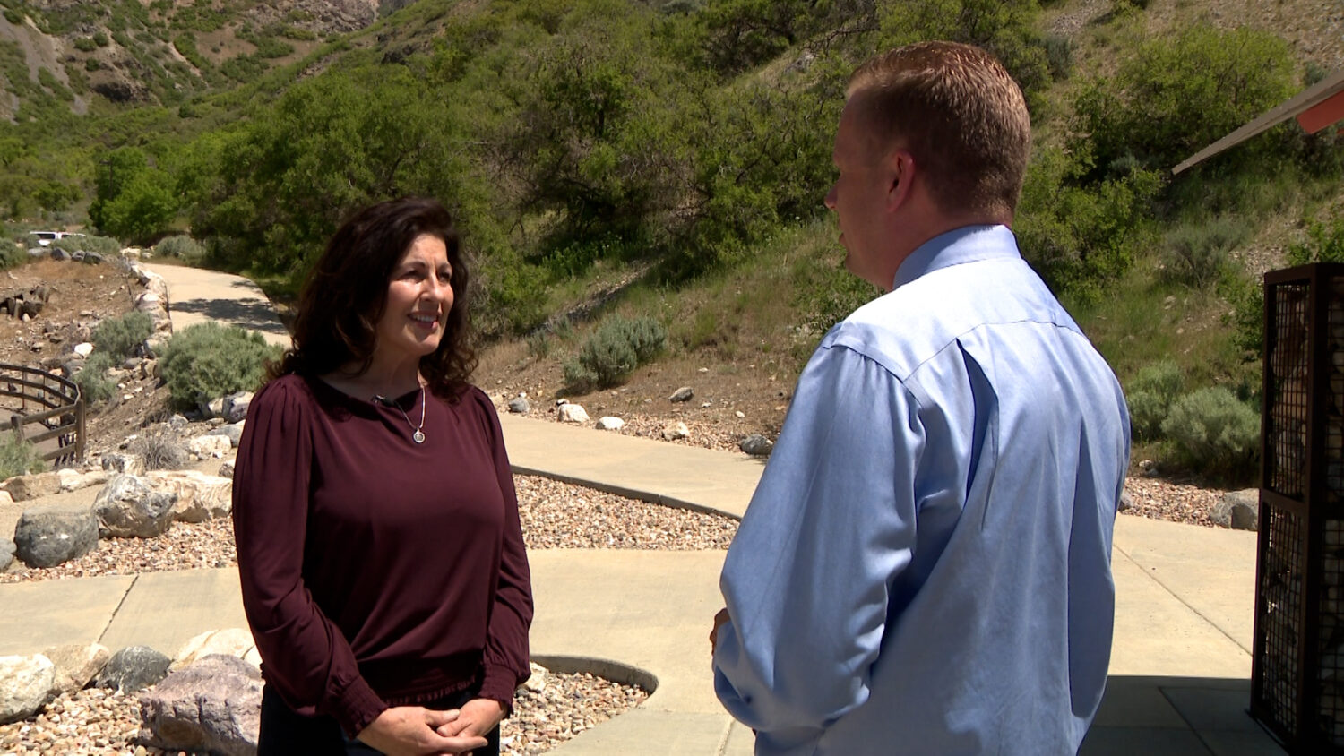 Katherine Hall speaks with KSL-TV reporter Daniel Woodruff in Provo on Friday. The owners of Splash Summit waterpark are touting a plan for expansion as neighbors like Hall push back against it.