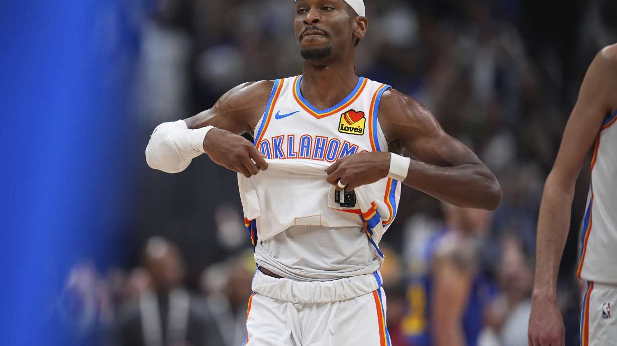 Oklahoma City Thunder guard Shai Gilgeous-Alexander heads off the court after Game 3 in the Western Conference semifinals of the NBA basketball playoffs against the Denver Nuggets Friday, May 9, 2025, in Denver.