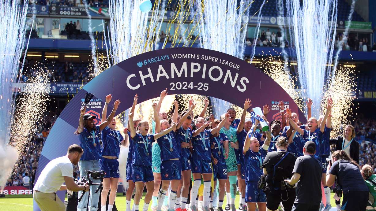 Chelsea lift the Women's Super League trophy at Stamford Bridge, London, Saturday May 10, 2025.