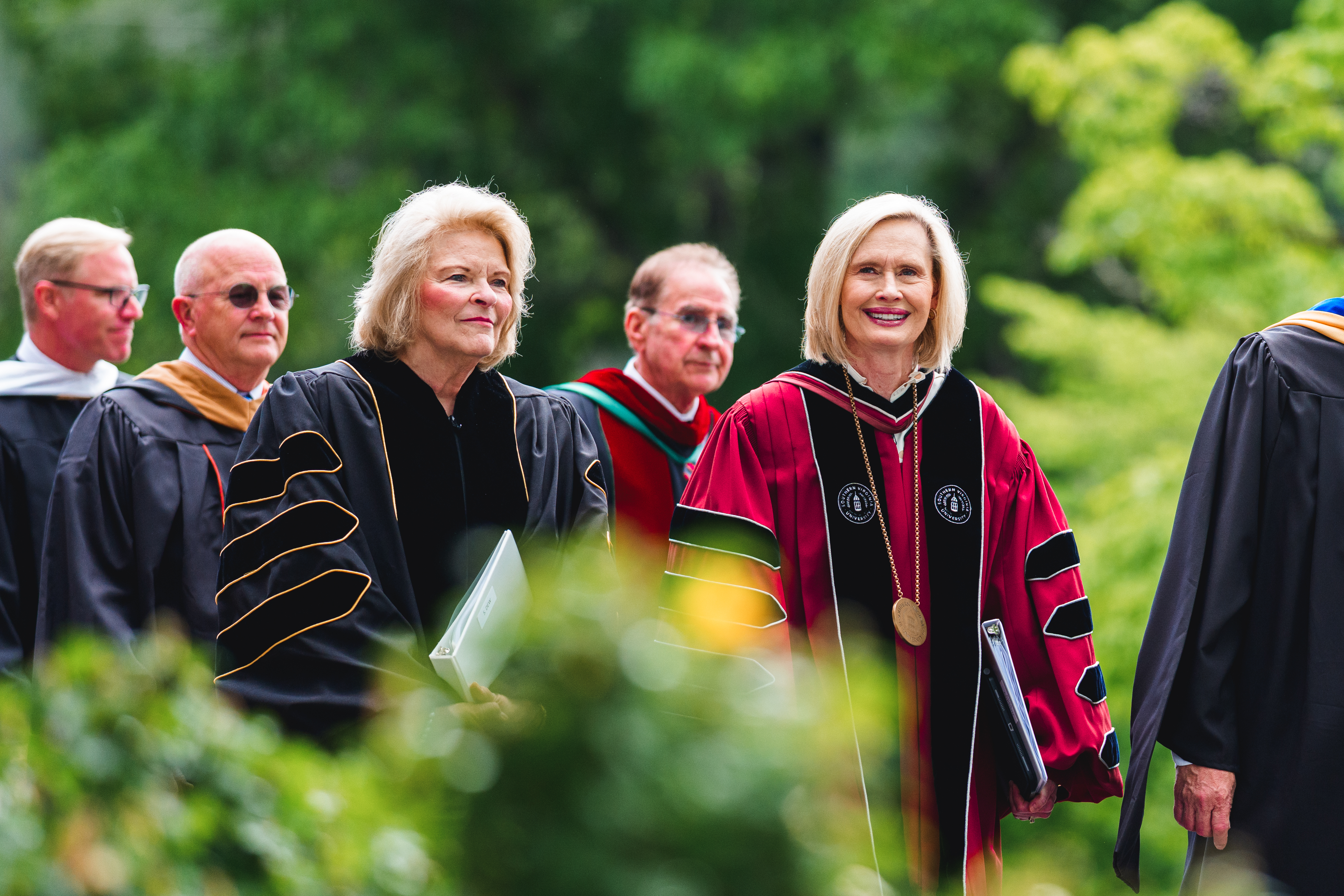 Sheri Dew and Bonnie H Cordon, president of Southern Virginia University, participate in graduation ceremonies on May 9, 2025.