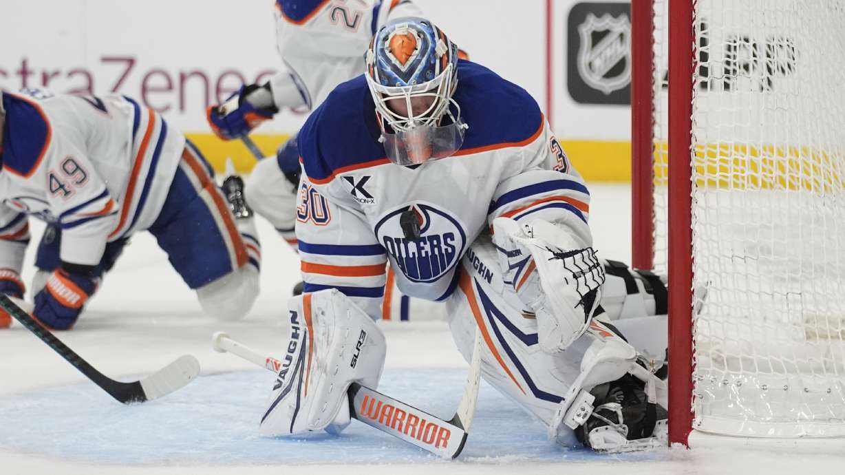 Edmonton Oilers goaltender Calvin Pickard (30) makes a save against the Vegas Golden Knights during the second period of Game 2 of a second-round NHL hockey playoff series Thursday, May 8, 2025, in Las Vegas.