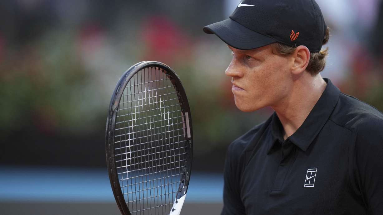 Italy's Jannik Sinner reacts after scoring a point against Argentina's Mariano Navone during a second round match at the Italian Open tennis tournament in Rome, Saturday, May 10, 2025.
