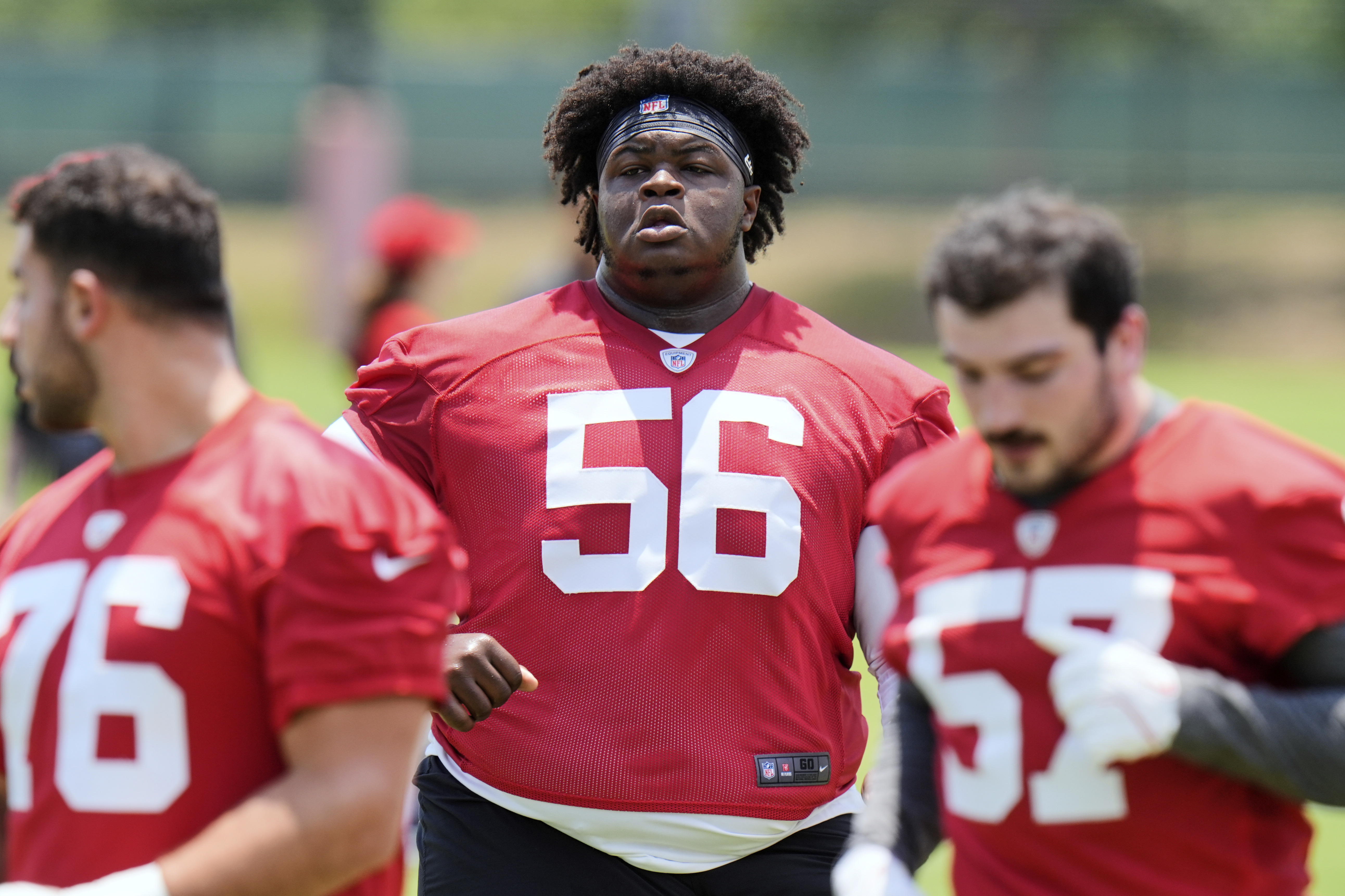 Tampa Bay Buccaneers nose tackle Desmond Watson (56) runs a drill during the NFL football team's rookie minicamp Friday, May 9, 2025, in Tampa, Fla.