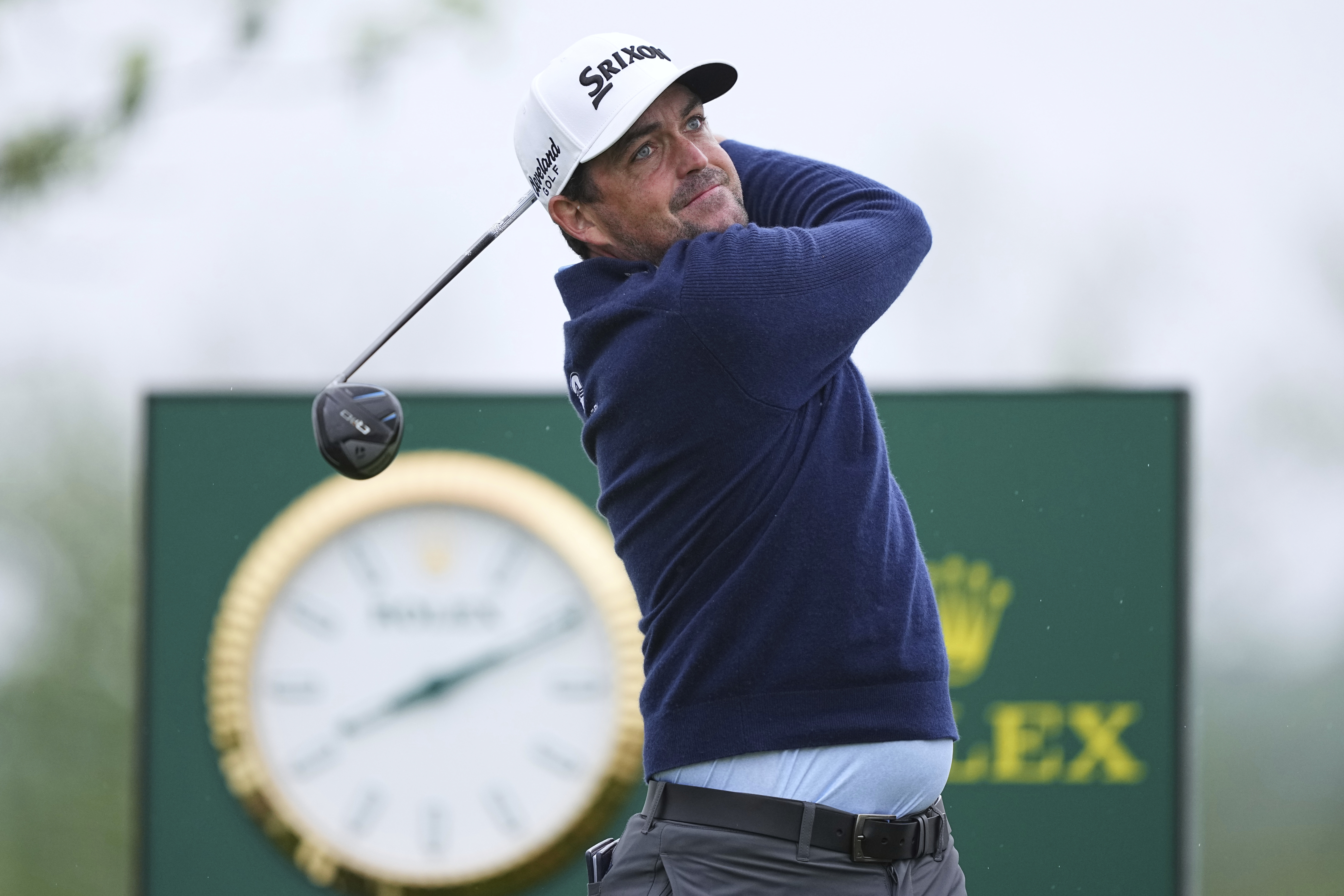 Keegan Bradley hits on the first hole during the second round of the Truist Championship golf tournament at the Philadelphia Cricket Club, Friday, May 9, 2025, in Flourtown.