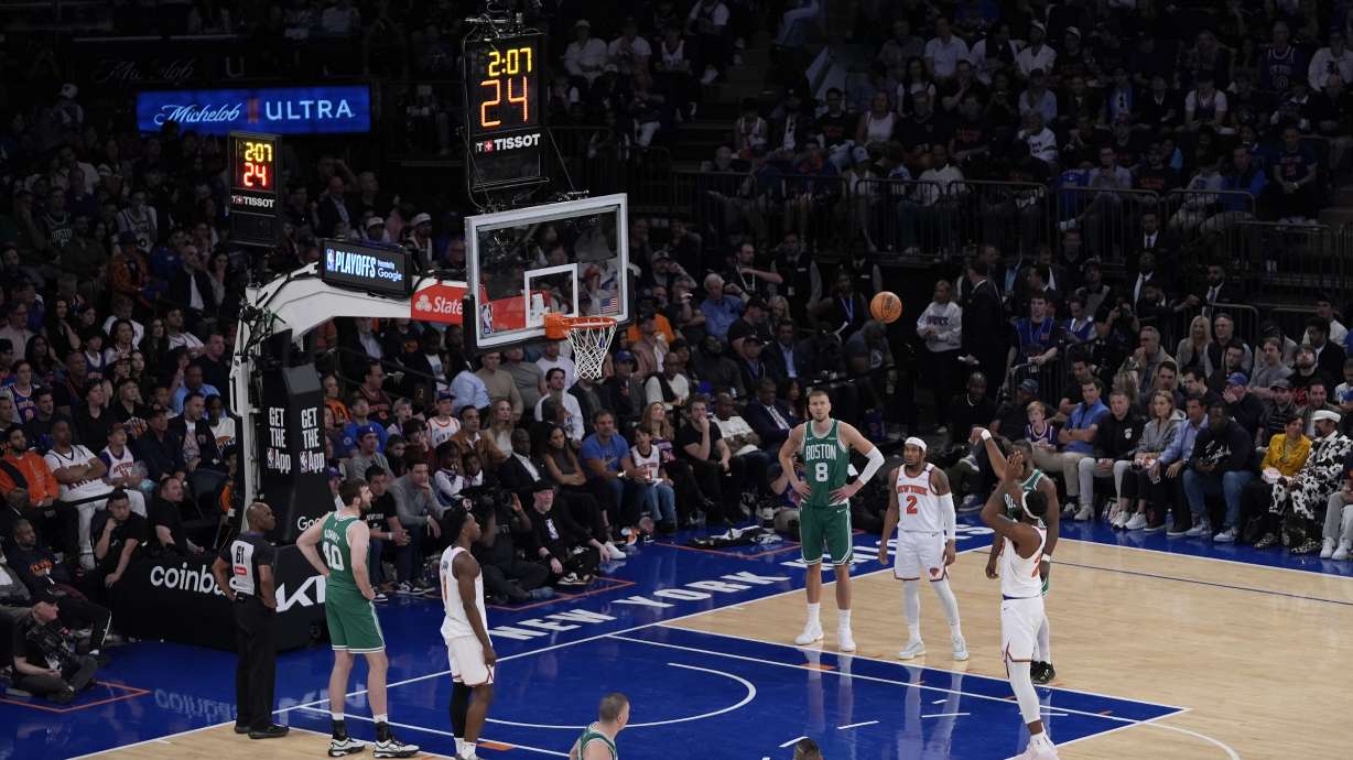 New York Knicks' Mitchell Robinson shoots a free throw during the second half of Game 3 of an NBA basketball second-round playoff series against the Boston Celtics, Saturday, May 10, 2025, in New York.