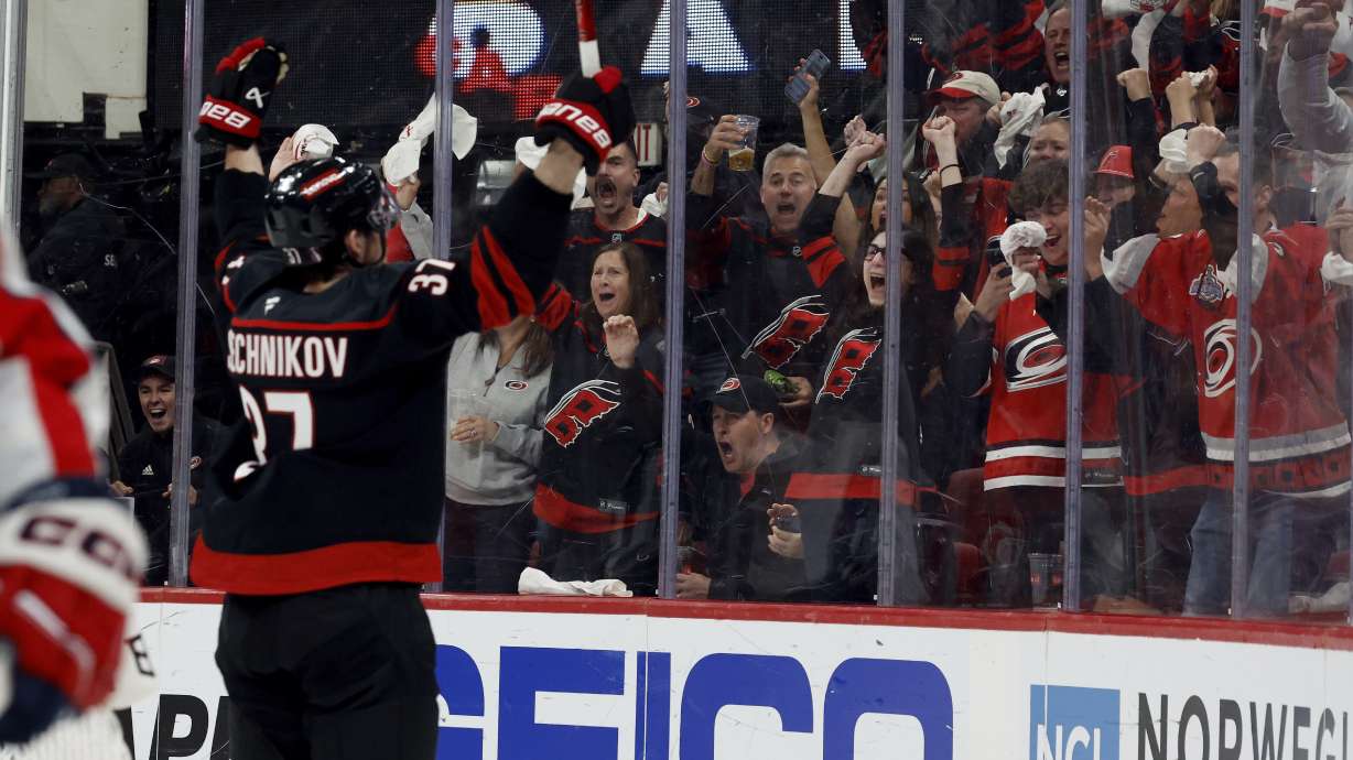 Carolina Hurricanes' Andrei Svechnikov (37) celebrates his goal against the Washington Capitals during the second period of Game 3 of an NHL hockey Semi-final round playoff series in Raleigh, N.C., Saturday, May 10, 2025.