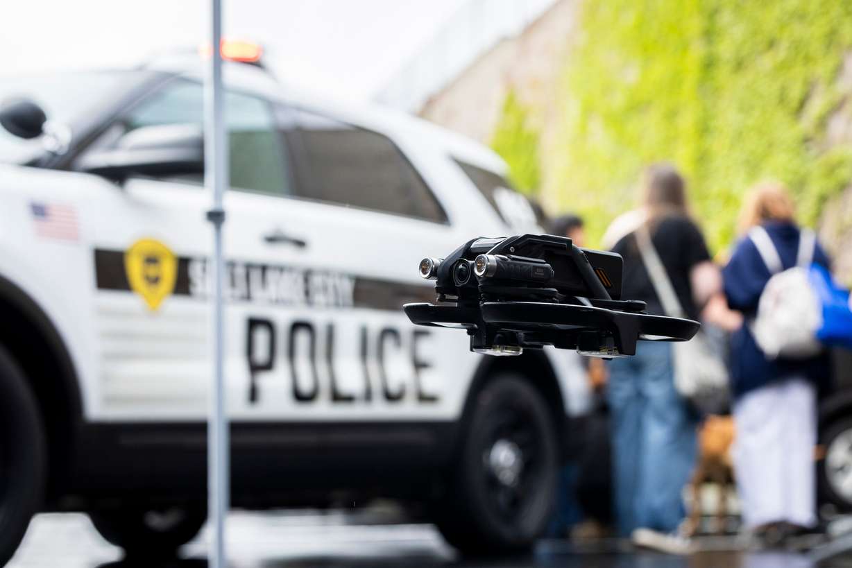 A Salt Lake Police Department FPV drone flies during the first Find Yourself in Utah Law Enforcement Career Day held outside the Peace Officers Standards and Training Center on Salt Lake Community College’s Miller Campus in Sandy on April 30.