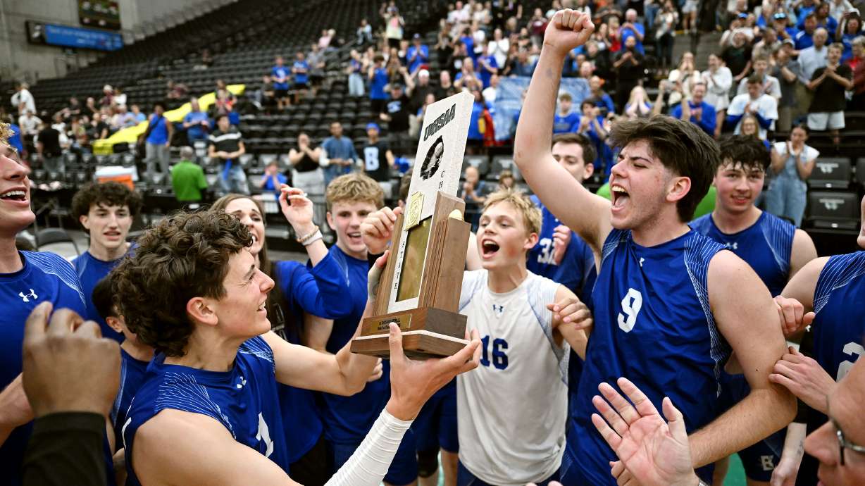 Bingham celebrates their win over Mountain Ridge for the 6A boys volleyball chamiopship in the UCCU Center at UVU in Orem on Saturday, May 10, 2025.