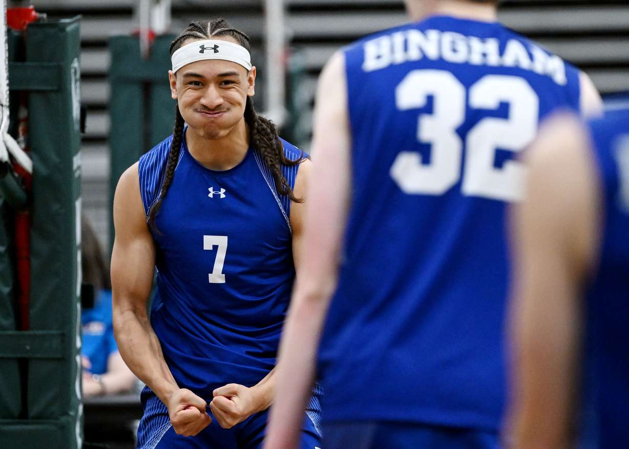 Bingham’s JJ Faiivae, flexes after scoring a point as they and Mountain Ridge play for the 6A boys volleyball chamiopship in the UCCU Center at UVU in Orem on Saturday, May 10, 2025.