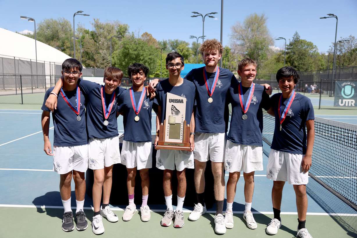 Waterford poses with their first place trophy in 3A tennis at Liberty Park in Salt Lake City on Saturday, May 10, 2025.