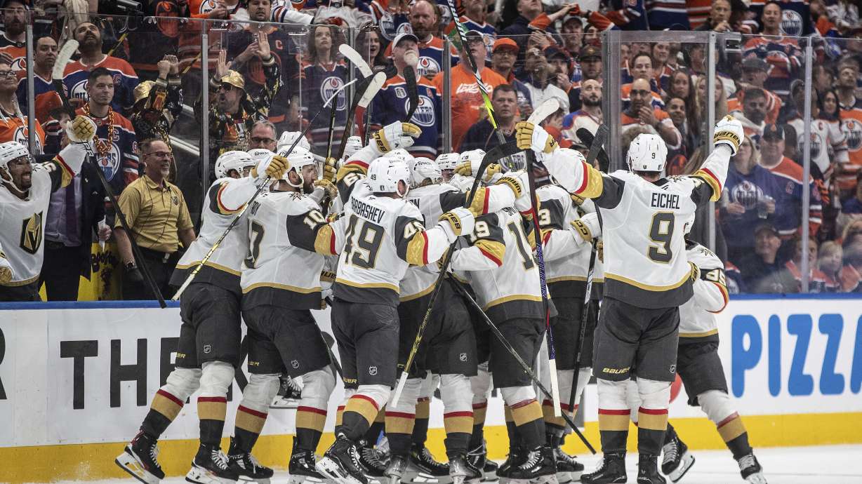 Vegas Golden Knights celebrate after a win over the Edmonton Oilers in Game 3 of a second-round NHL hockey playoff series in Edmonton, Alberta, Saturday, May 10, 2025.