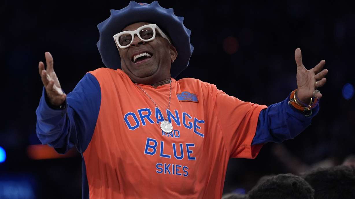 Spike Lee reacts during the second half of Game 3 of an NBA basketball second-round playoff series between the New York Knicks and the Boston Celtics, Saturday, May 10, 2025, in New York.