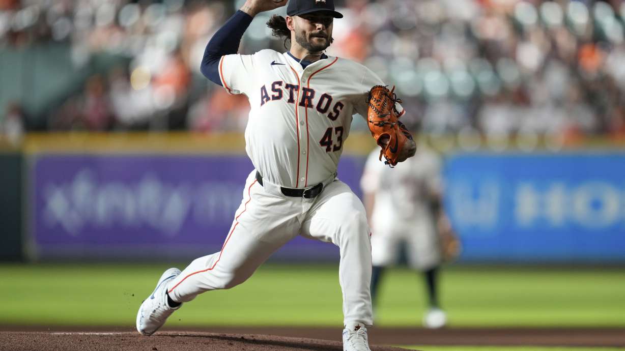 Houston Astros starting pitcher Lance McCullers Jr. (43) throws during the first inning of a baseball game against the Cincinnati Reds in Houston, Saturday, May 10, 2025.