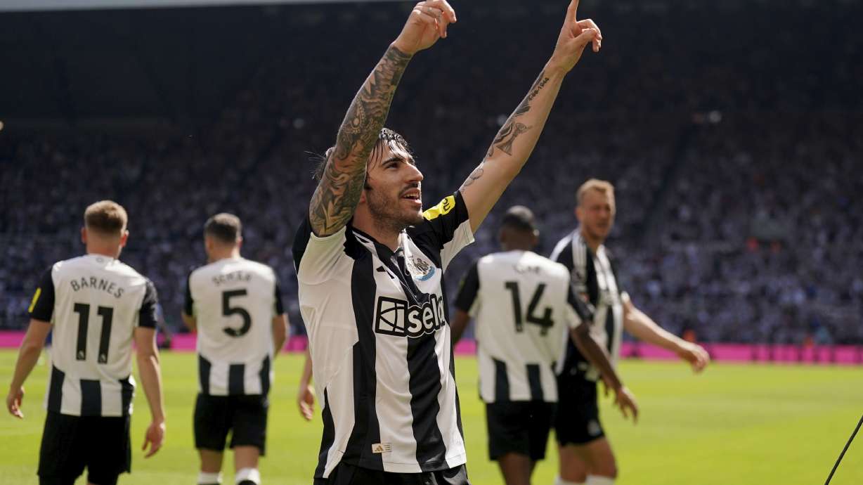 Newcastle United's Sandro Tonali celebrates scoring his side's first goal of the game, during the English Premier League soccer match between Newcastle United and Chelsea at St James' Park, in Newcastle, England, Sunday May 11, 2025.