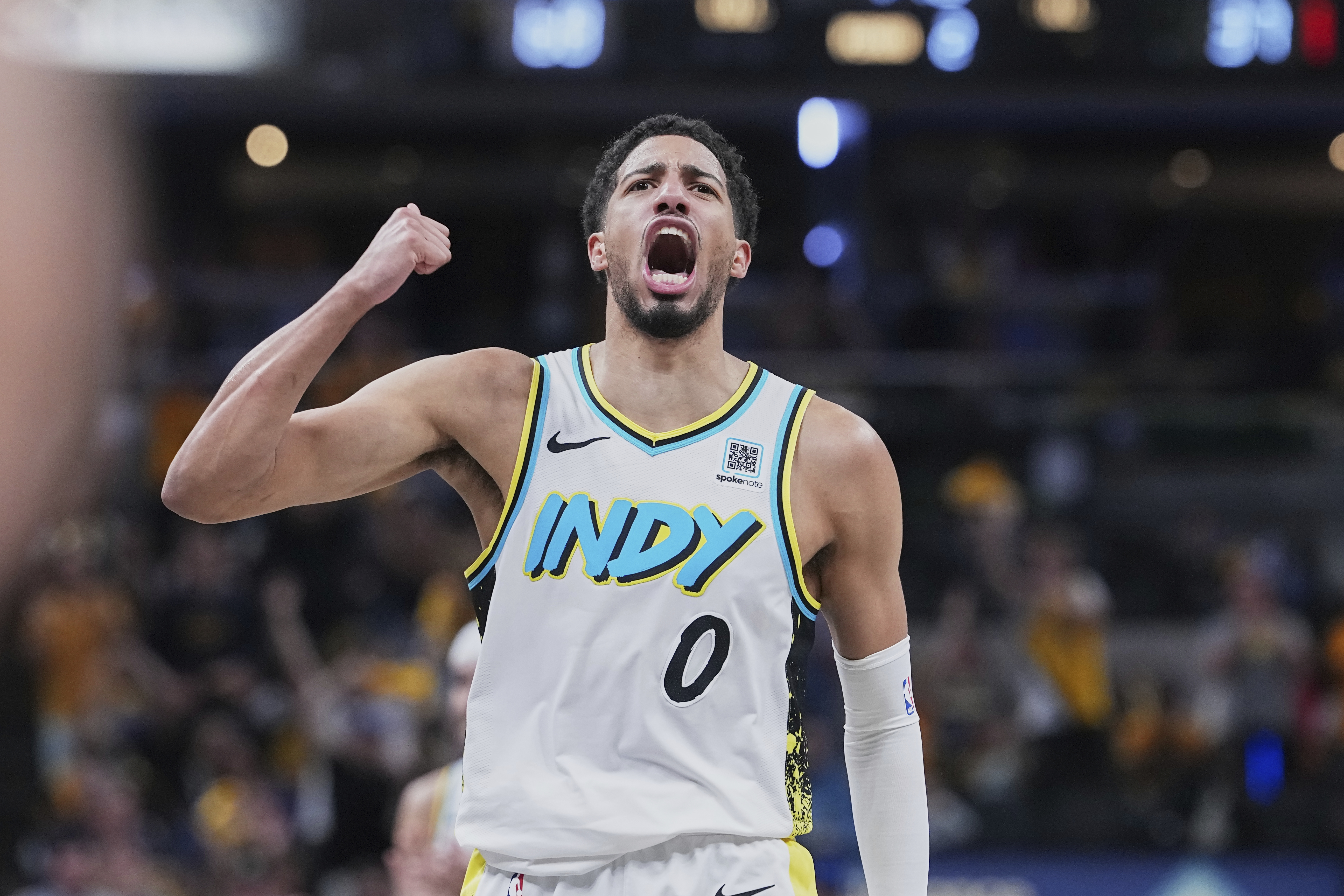 Indiana Pacers guard Tyrese Haliburton (0) celebrates in the first half of Game 4 against the Cleveland Cavaliers in the Eastern Conference semifinals of the NBA basketball playoffs in Indianapolis, Sunday, May 11, 2025.