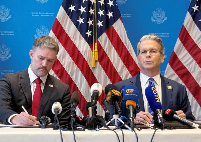 U.S. Secretary of the Treasury Scott Bessent and U.S. Trade Representative Jamieson Greer attend a news conference after trade talks with China in Geneva, Switzerland, Monday.