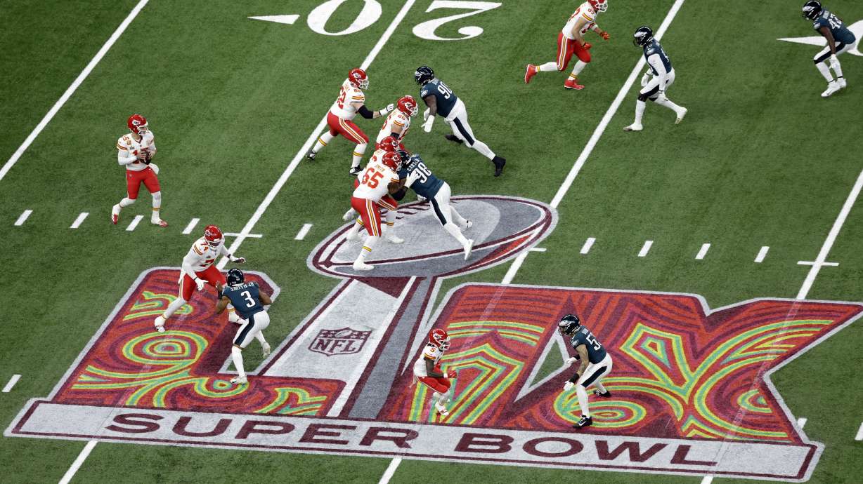 FILE - Kansas City Chiefs quarterback Patrick Mahomes (15) looks to pass the ball during the NFL Super Bowl 59 football game against the Philadelphia Eagles Sunday, Feb. 9, 2025, in New Orleans. The Eagles won 40-22.