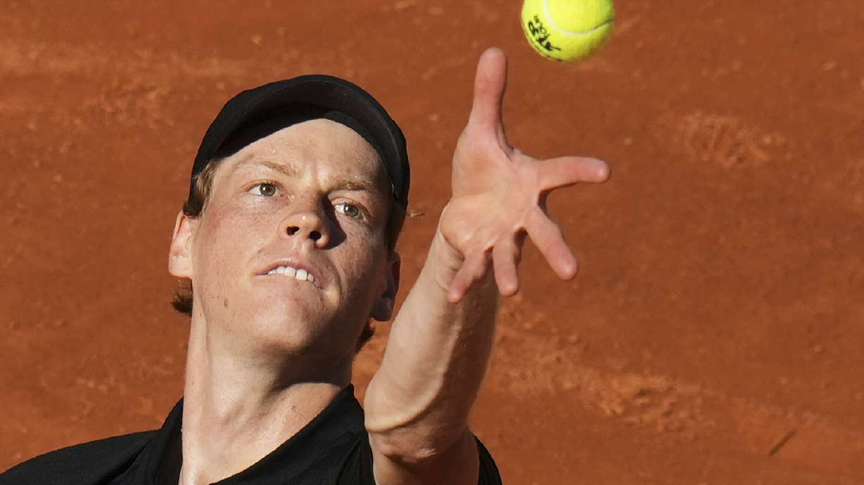 Italy's Jannik Sinner serves the ball to Netherlands' Jesper De Jong during their tennis match at the Italian Open at the Foro Italico, in Rome, Monday, May 12, 2025.