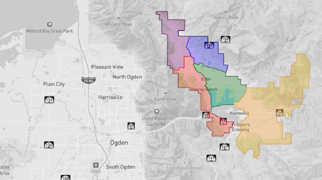 The photo shows the new Ogden Valley city to formally come into being in January 2026. The colored areas represent the locale's five city council districts, to be filled in Nov. 4 elections.