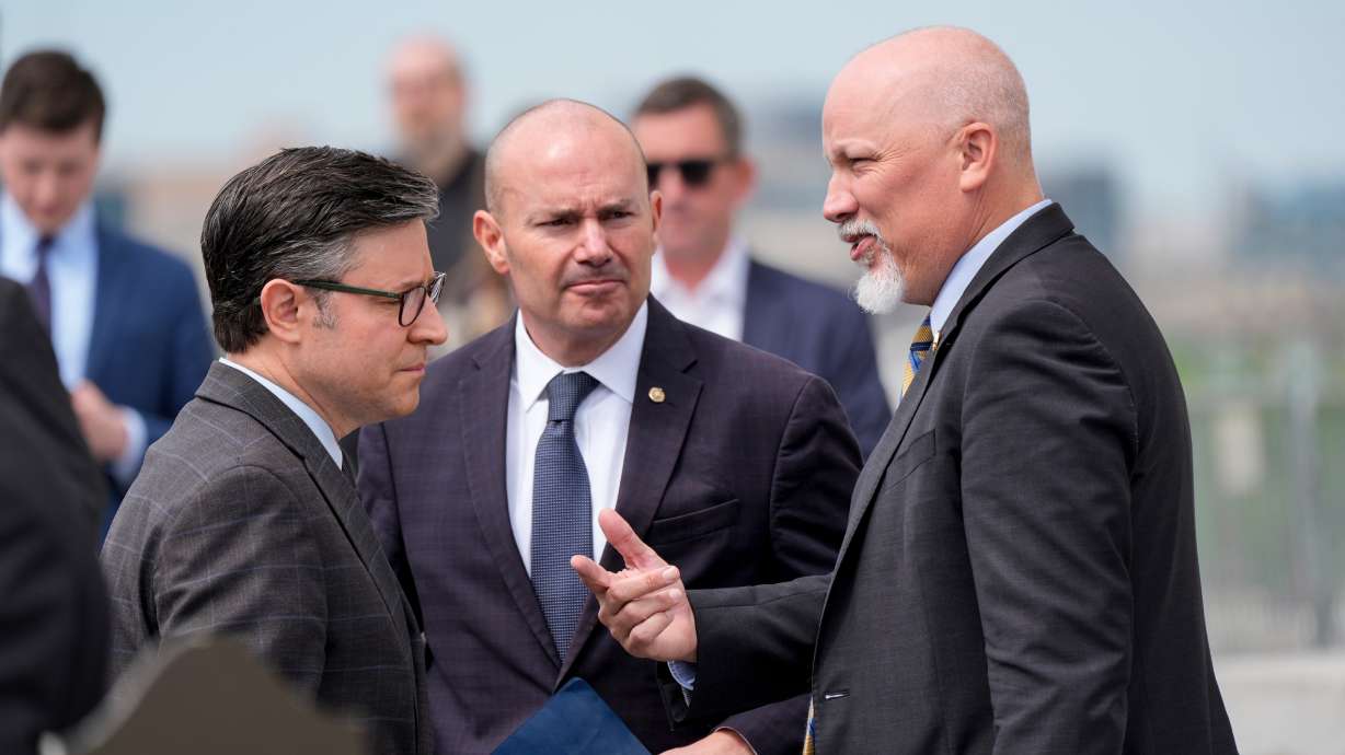 From left, Speaker of the House Mike Johnson, R-La., Sen. Mike Lee, R-Utah, and Rep. Chip Roy, R-Texas, arrive for a press conference at the Capitol in Washington, May 8. Senators differ on a bill proposing changes to Medicaid coverage.
