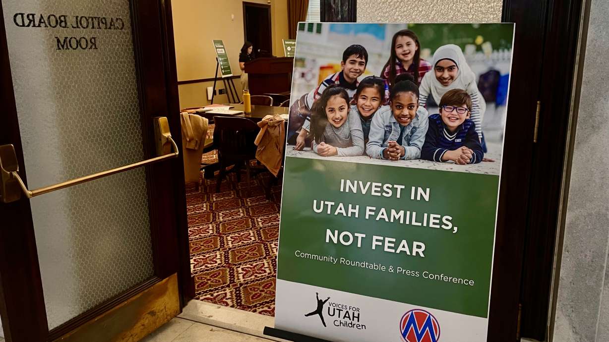 A sign outside a Voices for Utah Children press conference at the Utah Capitol in Salt Lake City on April 30. Data the group helped compile sheds light on Utah's immigrant population.