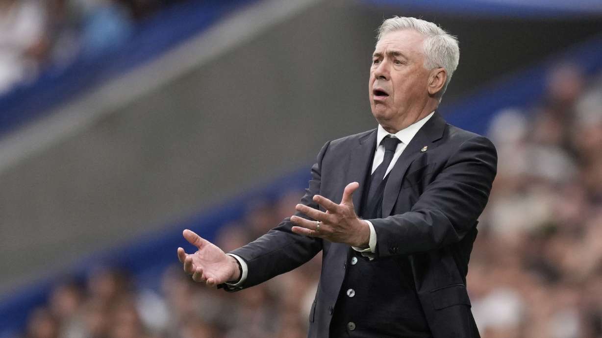 Real Madrid's head coach Carlo Ancelotti reacts during the Spanish La Liga soccer match between Real Madrid and Celta Vigo at the Santiago Bernabeu stadium in Madrid, Spain, Sunday, May 4, 2025.