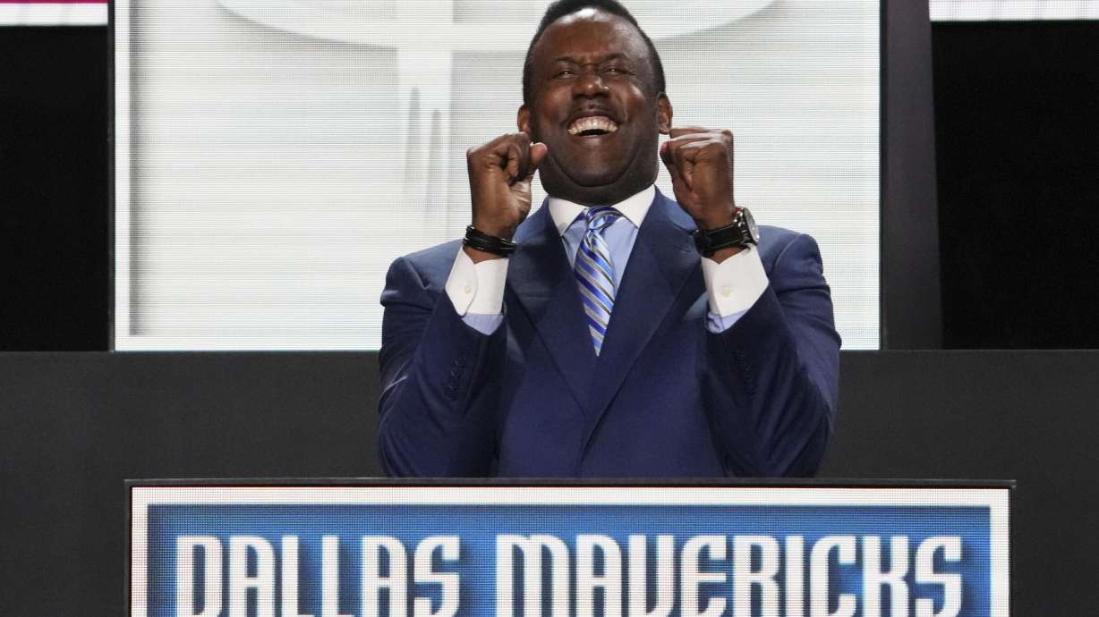 Dallas Mavericks' Rolando Blackman celebrates after NBA Deputy Commissioner Mark Tatum announced that the Mavericks won the first pick in the NBA basketball draft lottery in Chicago, Monday, May 12, 2025.