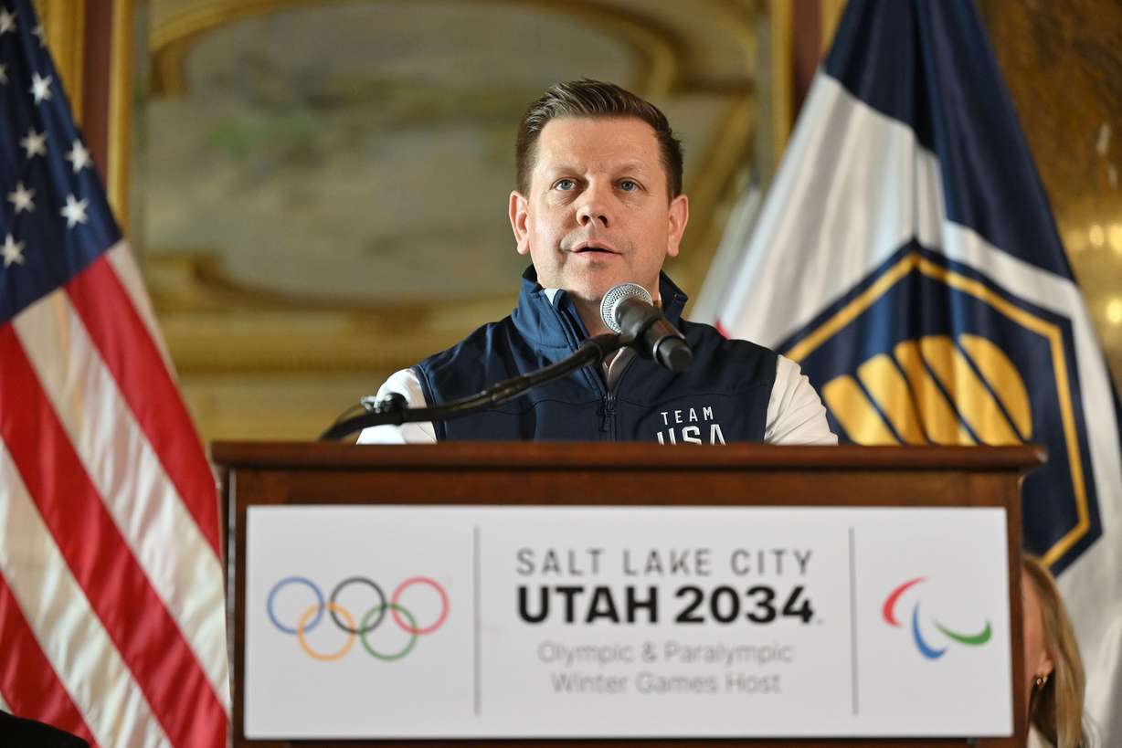 Steve Starks speaks during a press conference, where it was announced that former Utah House Speaker Brad Wilson would run the day-to-day operations of the 2034 Winter Games, in the Gold room of the Capitol in Salt Lake City, Feb. 14.