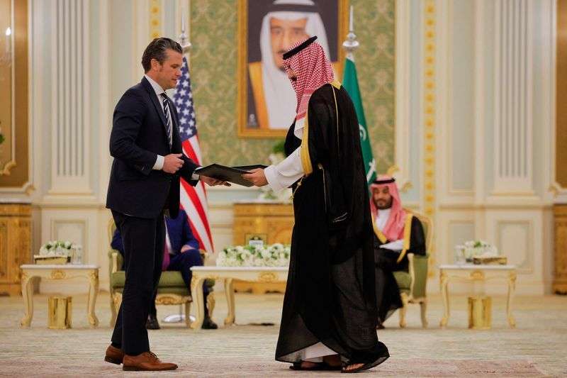 U.S. Defense Secretary Pete Hegseth attends a Memorandum of Understanding signing ceremony at the Royal Court in Riyadh, Saudi Arabia, on Tuesday.