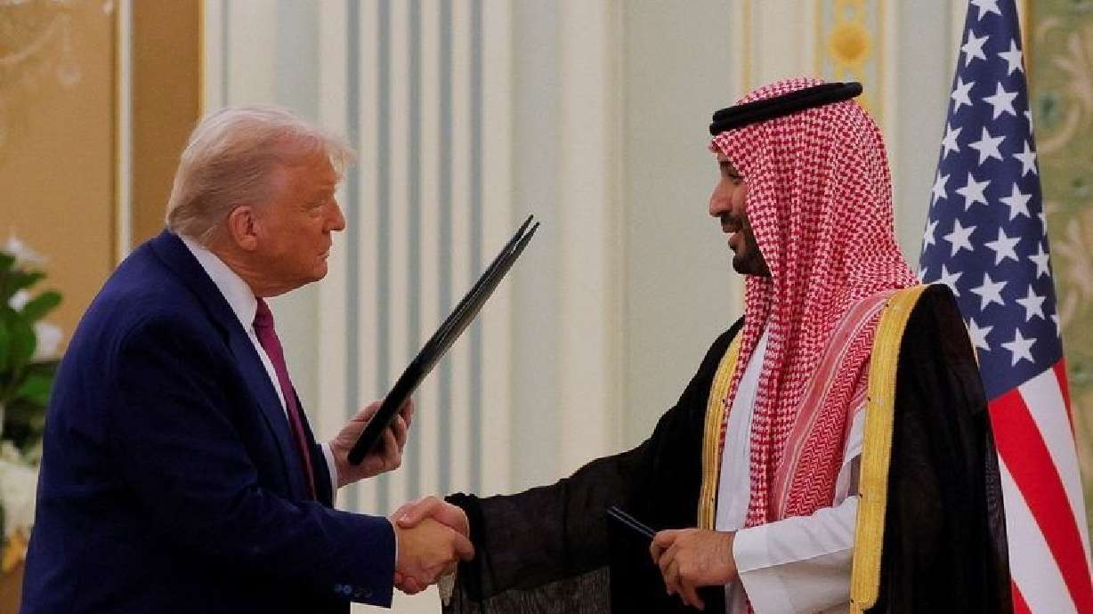 President Donald Trump and Saudi Crown Prince and Prime Minister Mohammed Bin Salman shake hands during a Memorandum of Understanding signing ceremony at the Royal Court in Riyadh, Saudi Arabia, on Tuesday.